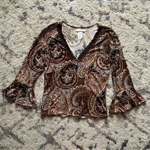 Vintage Sirens Brown Lace Paisley Boho Whimsygoth Flare Sleeve Top